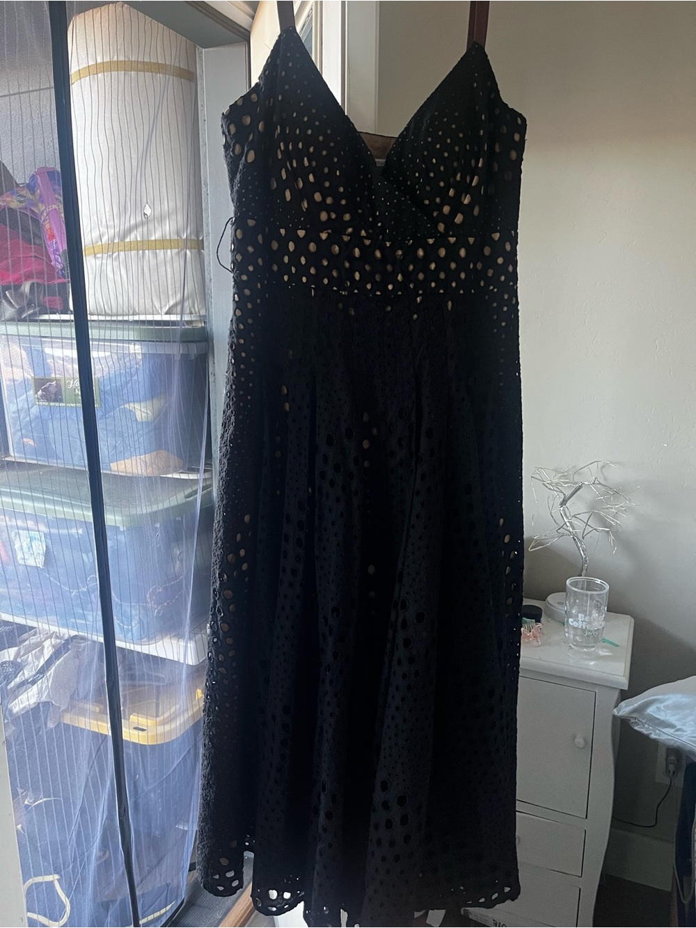 Muse Black Eyelet Midi Dress with V-Neck
